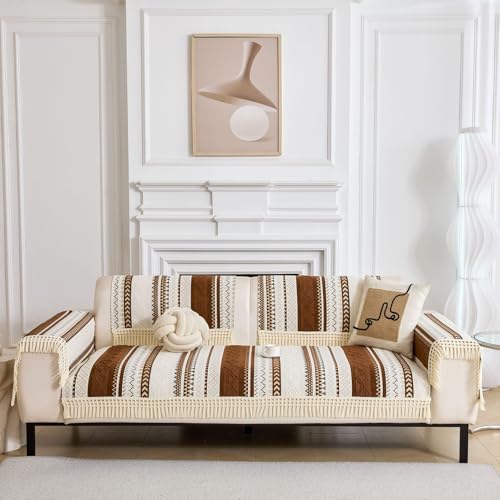 Image of HOMETHREADS Innovative European Premium Style Anti Slip Cotton Sofa Cover Mat with PVC Backing for Non-Slip Comfort (Coffee, 3 Seater | 70x180cm)