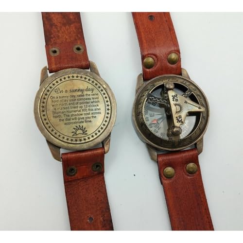 Reloj brújula náutica de latón con banda de cuero marrón, brújula de reloj de sol antigua, brújula artesanal para camping miniatura 5