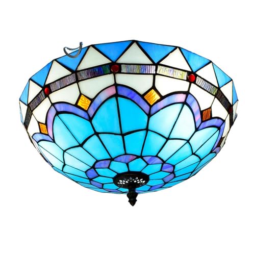 IDHBGJD Lámpara de Techo Estilo Tiffany de 16.0 in con vidrieras de Color Azul y Plumas Vintage Decorativas para salón, Comedor, Dormitorio, Pasillo
