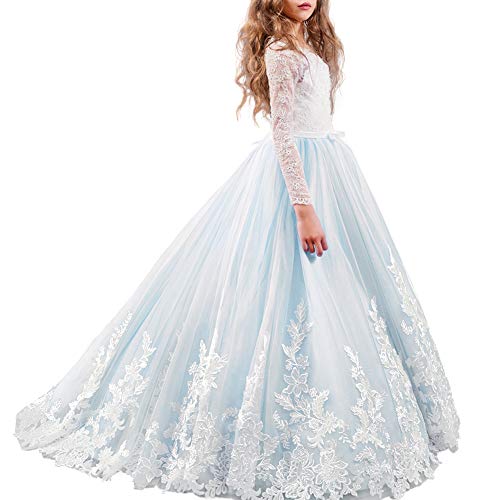 FYMNSI Flower Girl Tulle Dress Kids Lace Beaded Pageant Long Sleeve First Communion Christmas Wedding Cocktail Ball Gowns
