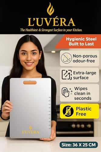 Image of L'UVERA Premium Stainless Steel Cutting Board for HYGIENIC, Odour-Free & Durable Kitchen USE | Large Chopping Board for Vegetables, Fruits, Meat & Multipurpose Food.(Size 36CM x25 CM)