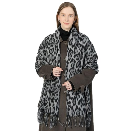 MAKFORT XXL Schal Damen Klassisch Leoparden Herbst Halstuch Damen Winter Warme Super Lange Stola Frauen Mit Quasten Schal 200 * 70CM