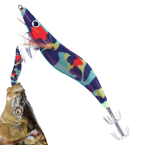 Tintenfischköder | Tintenfischköder | Garnelenhaken aus Holz mit Leuchteffekt | Flexibles Schwimmen, realistische für Dorsch, Zahn, Schlangenkopf, Tintenfisch, Barsch