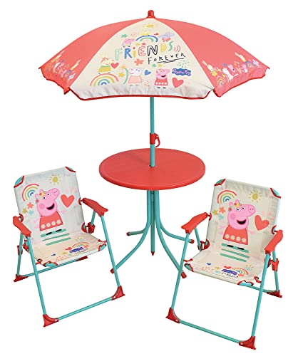 FUN HOUSE 713472 Peppa Pig Salon de Jardin pour Enfant avec Une Table H.46 X Ø46 CM, Deux chaises H.53 X L.38,5 X P.37,5 cm et Un Parasol H.125 X Ø 100 cm