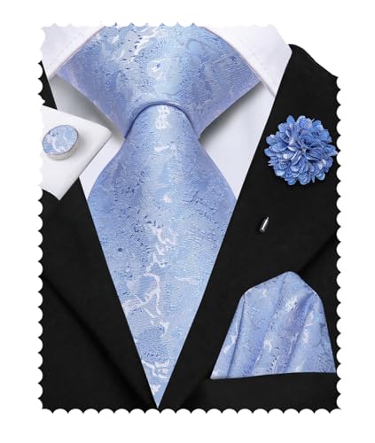 Image of Hi-Tie Mens Baby Blue Silk Tie Classic Woven Necktie Lapel Pin Pocket Square Cufflinks Sets Formal Business Wedding