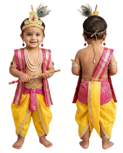 Image of Krishna Dress for Baby Boy Kids Janmashtami Costume | Dhoti & Patka Included, Mukut & Morpankh, Bansuri & Kamarband, Bajuband & Kundal, 8-Piece Set