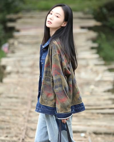 Vintage Women's Aztec Print Denim Jacket Loose Fit Long Sleeve Button Down Coat for Fall & Winter Casual Splicing2