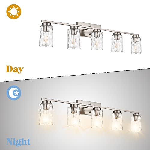 Image of Vanity Lights for Bathroom 5 Light Sconces Vanity Light Fixture Modern Brushed Nickel Wall Mount Lighting with Clear Hammered Shade,Wall Lights for Bathroom Living Room Makeup Dressing Table