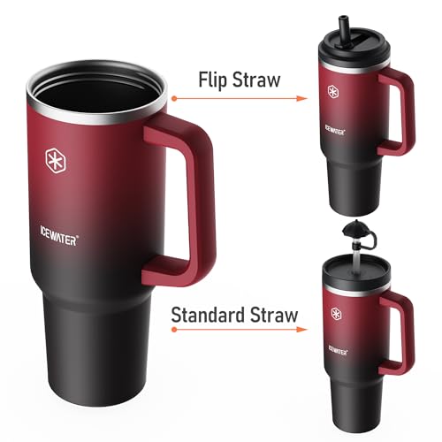 Image of ICEWATER 40 oz Tumbler with 2 Lids (Regular Straw and Flip Straw) | 100% Leak-proof Insulated Tumbler with Handle, Cup Holder Friendly, Stainless Steel Water Bottle, Secure Twist-Lock Straw