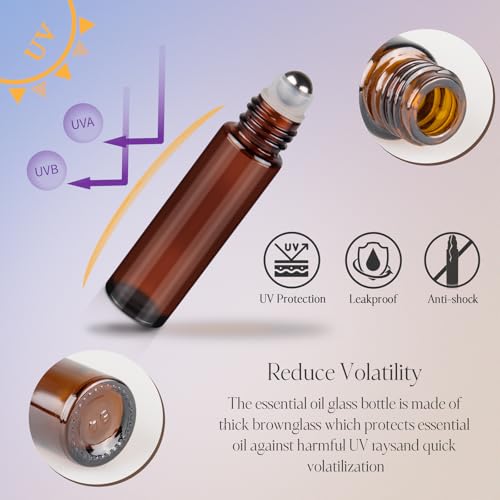 ZEJIA 10ml Roller Bottles for Essential Oils, 4 Pack Glass Roll on Bottles, Refillable Perfume Bottle, with Stainless Steel Roller Balls, 2 Droppers, 1 Opener, Labels (Amber)4