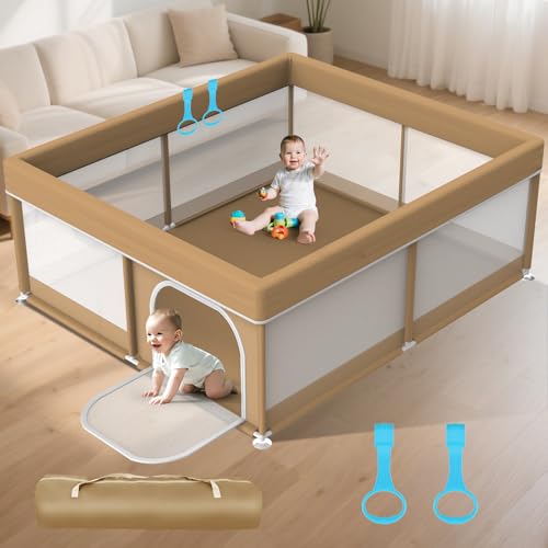 Image of Omzer Baby Play Yard 79x71 in - Large Playpen for Babies and Toddlers - Baby Playpen with Visible Mesh & Zipper Door - All-Wrapped Sponge Safety Sturdy Play Pen with 2 Handles & Storage Bag, Khaki