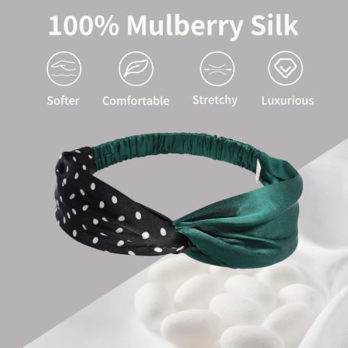Image of ZLYC Mulberry Silk Headband for Women's Hair, Polka Dots and Dark Green | smooth luxury real silk, stretch elastic no slip fit, makeup spa skincare use, travel daily wear,boho fashion hair accessory