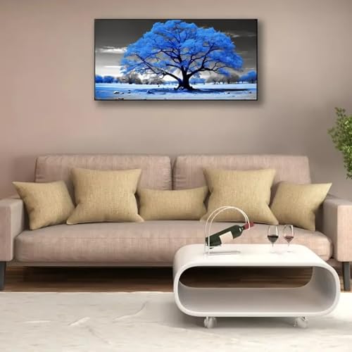 Arbre bleu en noir et blanc toile grand format paysage d'automne 65x130 - 2