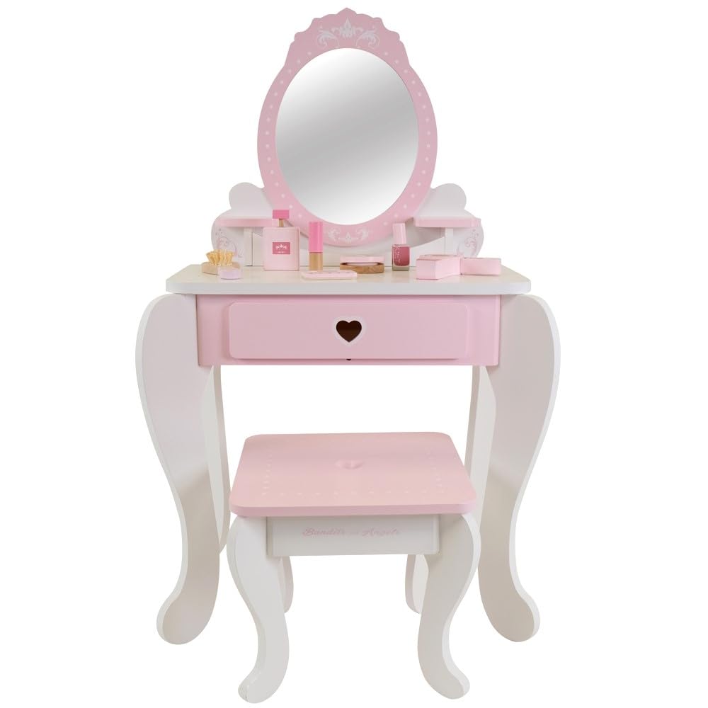 Bandits & Angels Kinderschminktisch Julia Weiß Rosa mit Spiegel für Mädchen ab 3 Jahren - Schminktisch aus Holz - Schminktisch inklusive Hocker - Für Kinder