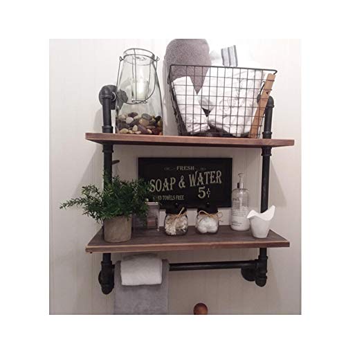 Industrial Pipe Bathroom Shelves Decor Wall Mounted 2 Tiered, Rustic Wood Wall Shelf with Towel Bar, Black Matte Towel Rack, Pipe Floating Shelves Shelving Towel Holder