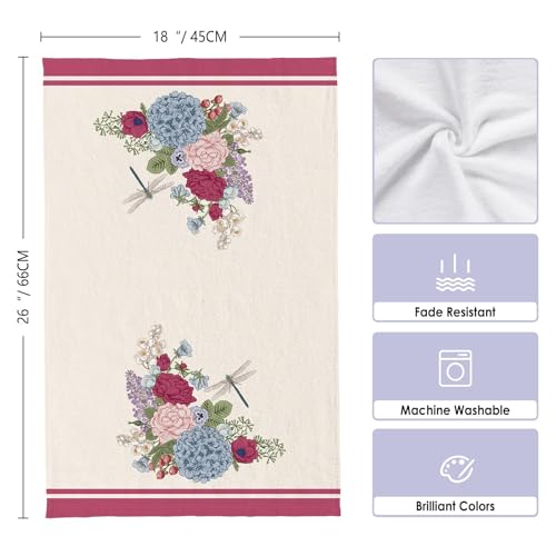 Image of Summer Vintage Floral Kitchen Towels, Dragonflies Dish Towels Set of 2, Spring Retro Hydrangeas 18 x 26 Inch Hand Towel Quick Drying Dishcloth Decor for Kitchen Bathroom Home