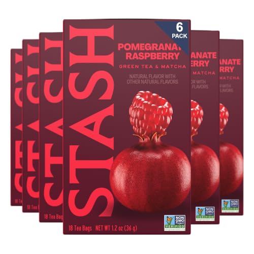 Stash Tea Pomegranate Raspberry &amp; Matcha Green Tea - Caffeinated, Non-GMO Project Verified Premium Tea with No Artificial Ingredients, 18 Count (Pack of 6) - 108 Bags Total