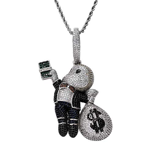 KMASAL Money Bag Cash Men Pendant Necklace Hip Hop Iced Out Bling Lab Diamond Cubic Zircon 18K Gold Plated Chain Necklace Jewelry for Men Women with Stainless Steel Rope Chain (Silver-Black)