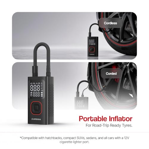 Image of Ambrane Portable & Rechargeable Tyre Inflator with 2-in-1 Cordless & Corded, Powerful 80W Motor, 150 PSI Pressure, 5200mAh Battery, Auto Shut-Off, Fast Charging for Car, Bike, Balls (Turbo+, Black)