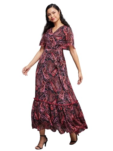 Image of Miss Chase Women's Floral V-Neck Flutter Sleeve Wrap Chiffon Maxi Dress