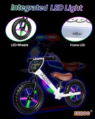 Image of KRIDDO Toddler Balance Bike 2 Years Old, 12-Inch Colorful Lighting-Up Push Bicycle with LCD Writing Tablet, Steady Balancing, Gift Bike for 2-5 Boys Girls, LED-White