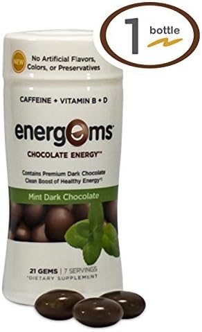 Energems Dark Chocolate Energy Boost with Caffeine, Vitamin B, Vitamin D, Antioxidants, plus L-Theanine- 21 Dietary Supplement Gems (1 Bottle- Mint Dark Chocolate) by Energems