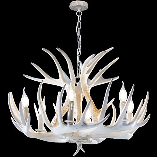 Bainuo White Antler Chandelier 6 Lights Faux Retro Deer Antler Chandelier Lighting American Country Style Antler Light Fixture Ceiling For Kitchen Dining Room Living Room Bar Cafe Cabin #TOP1