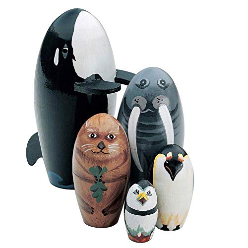 NarutoSak 5Pcs/Set Wooden Whale Penguin Animal Matryoshka Nesting Dolls Figurines Kids Toy, Christmas Birthday Gift for Children