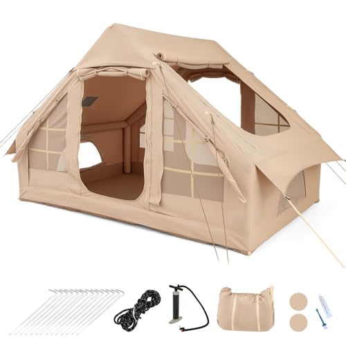 GOPLUS Tienda Inflable de Camping para 4 6 Personas, Tienda Grande con 4 Ventanas, 2 Puertas, Claraboya, Bomba, Abertura de Ventilación, Bolsa de Transporte y Estacas de Tierra, Montaje Rápido