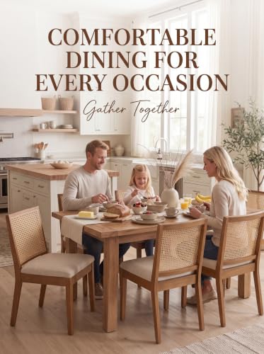 Image of HNY Farmhouse Rattan Dining Chairs Set of 6, Walnut Solid Hardwood Frame, Upholstered Linen Seat, Ergonomic Cane Back Dining Room Chairs for Kitchen, Dining Room, Apartment, Beige