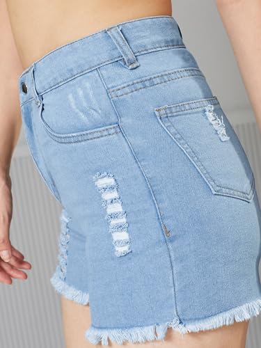 Image of Miss Chase Women's Relaxed Fit Mid Rise Highly Distressed Regular-Length Denim Shorts