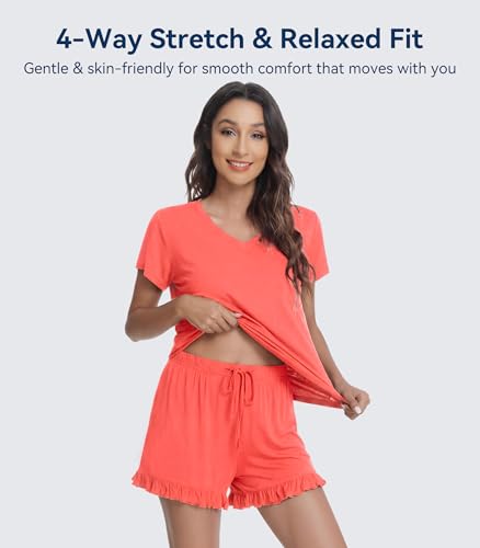 Image of WiWi Womens Pajamas Set Bamboo Viscose Super Soft Short Sleeve Top Ruffle Shorts Sleepwear Cooling Pj Sets S-XXL