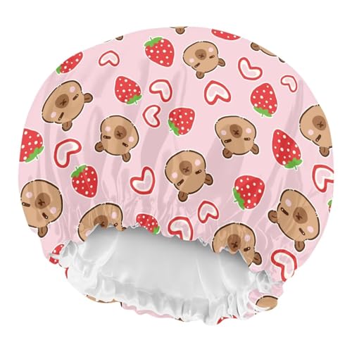 Image of Kids Sleep Cap for Sleeping Beanie Night Hat with Elastic Wide Band Sleeping Cap Cute Capybara Print Satin Bonnet Beanie Hats Pink Strawberry Headwear for Curly Hair