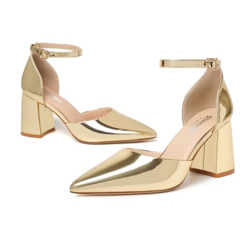 Image of RIBONGZ Block Heels for Women Closed Pointed Toe Heeled Slingback Chunky High Heel Ankle Strap Pumps Patent Leather Comfort Dressy Shoes for Work Party Prom Wedding Bridal Dress