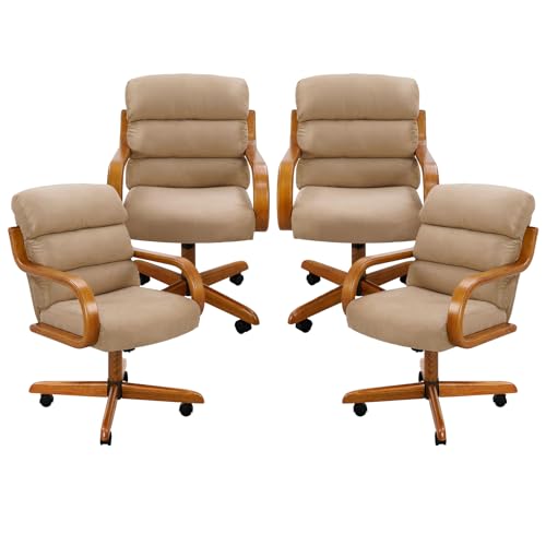 Chromcraft Douglas Set of 4 Dining Chairs Casual Swivel Tilt Fabric Dining Chairs with Casters, Wooden Arm Metal Pedestal Base with Rolling Wheels for Kitchen & Dining Room