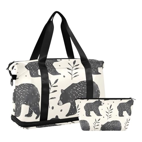 ALAZA Sports Duffel Bags with Toiletry Bag Set,Bear Plant Leaves Travel Duffel Bags Multi Pockets Weekend Bag2
