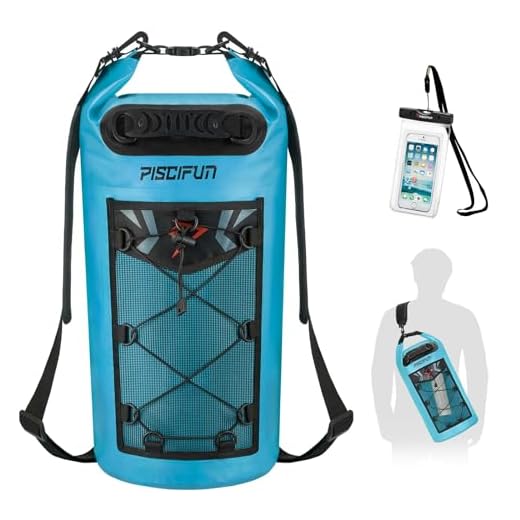 Piscifun Dry Bag, Waterproof Floating Backpack with Waterproof Phone Case for Kayking, Boating, Kayaking, Surfing, Rafting and fishing, Light Blue 20L