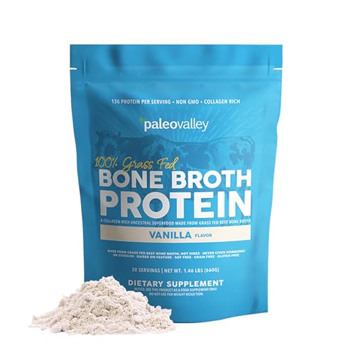 Paleovalley 100% Grass Fed Beef Bone Broth Protein Powder - Rich in Collagen Peptides for Hair, Skin, Gut Health, Bone and Joint Support - 13g Protein Per Serving - No Gluten or GMOs - Vanilla