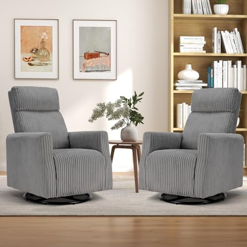 Image of CANMOV Swivel Rocker Chair Set of 2, Swivel Accent Chair with High Back and Arms, Corduroy Glider Chair for Living Room Bedroom Nursery, Grey