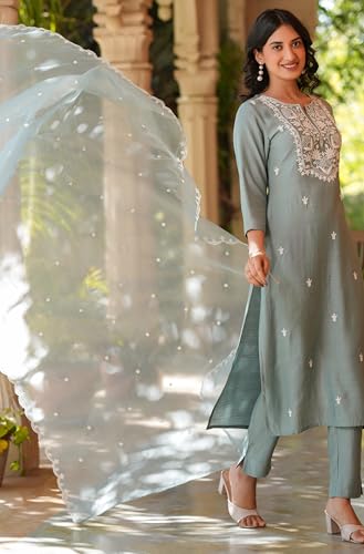 Janasya Indian Women's Silk Blend Blue Embroidered Festive Wear Kurta Set for Women3