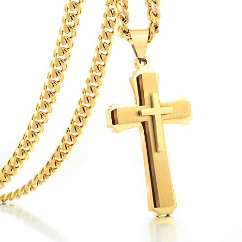 Cross Necklace for Men Boys Pendant Necklace Stainless Steel Double Cross Necklace with 24 inches Cuban Link Chain