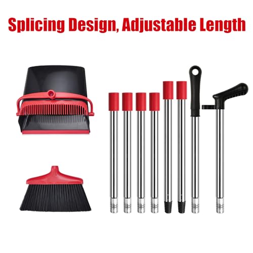 Broom and Dustpan Set with Long Handle, Windproof Stand Up Dustpan with Broom Combo for Home Kitchen Room Office Lobby Floor Use (Red&Black, 45.3IN)