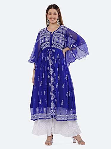 Image of FAWOMENT Women's A-Line Designer Georgette Kurta with Fine Handcrafted Lucknowi Chikankari Embroidery