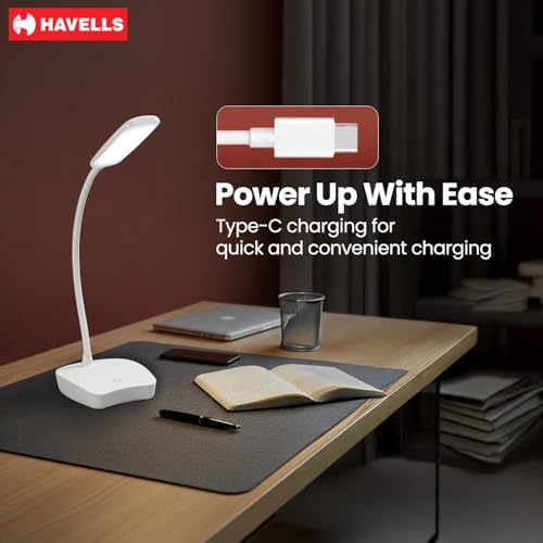 Image of Havells Lucento Table Lamp 4.5W | Integrated Touch Sensor|3 Step Dimmable LED Table lamp|3.7V, 800 mAh Lithium‑Ion Battery | Light Modes: 100%, 50%,25% | Eye Soft Technology for Soft Glare-Free Light