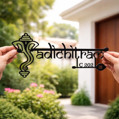 Image of Customized Stainless Steel LED Ganesha Name Plate With House Number for Home Entrance, Flat, House Doors, Stylish, Outdoor & Indoor, Waterproof (15 inch)
