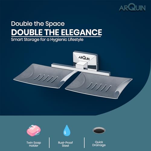 Image of ARQUIN ARQUIN Twin Soap Dish For Bathroom | Dual Soap Tray Holder Bathroom Accessories Set | 304 Grade Stainless Steel Dual Soap Dish | Soap Stand Drainage Slots Soap Stand for Washbasin Vento(Chrome)