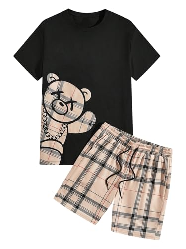 Men's Casual Outfits Short Sleeve Cartoon Bear T Shirt and Drawstring Plaid Shorts Tracksuits Set