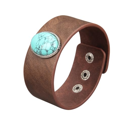 GelConnie Brown Wide Leather Cuff Bracelets Boho Turquoise Stone Wide Cuffs Wristband Punk Cuff Leather Bracelet Men Women