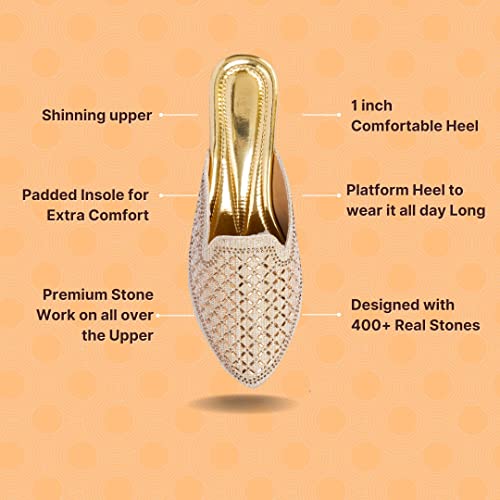 Image of Bellies for Women |Slip on Juttis Soft Padded |Stonework Mules for Ladies| Sparkling Upper |Back Open Casual Flats| Stylish Footwear Sandals for Ladies|Punjabi Mojari Half Shoes