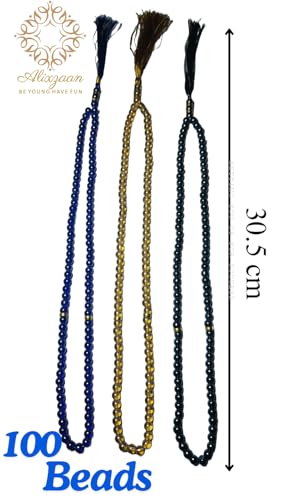 Image of Prayer Beads Tasbih Set, 100 Beads with Tassels, Blue Black Golden, 3 Pack